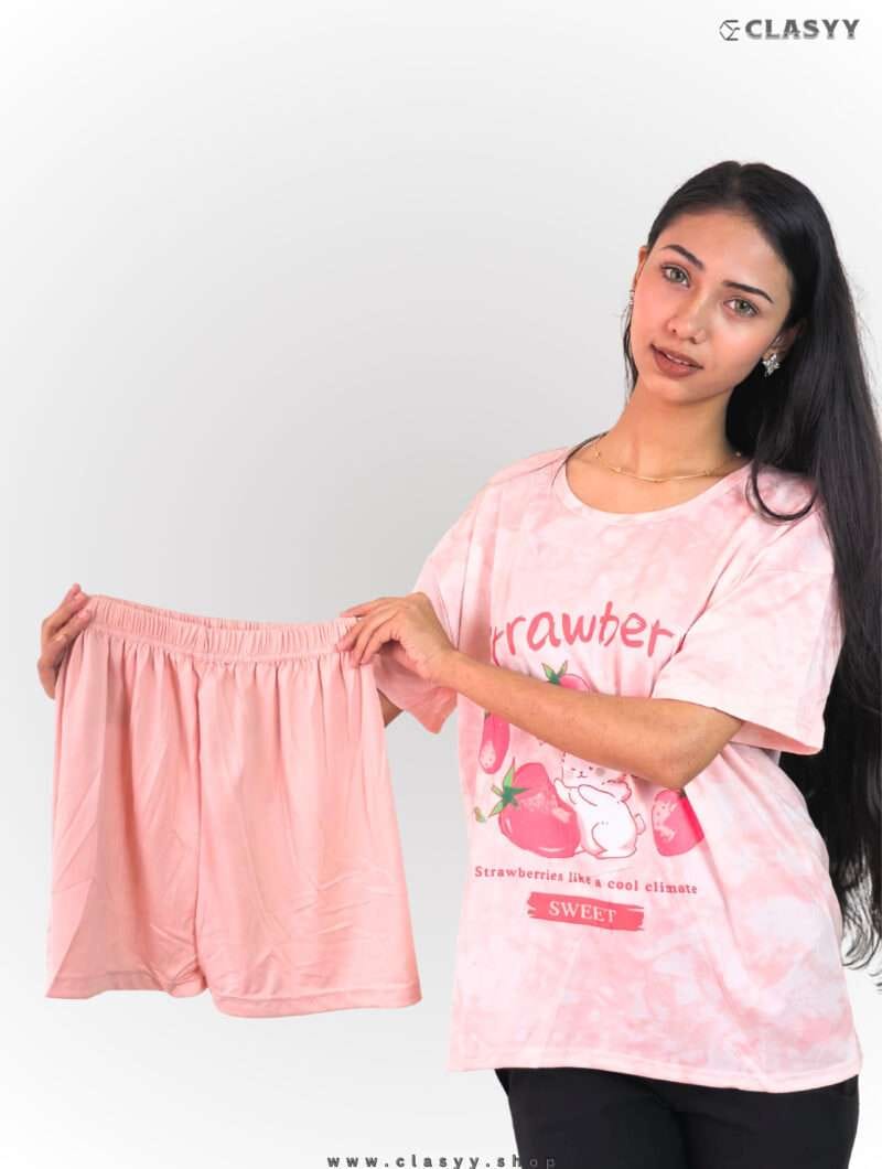 Women Summer Printed Short-sleeved T-shirt with Shorts Combo Strawberry Rabbit