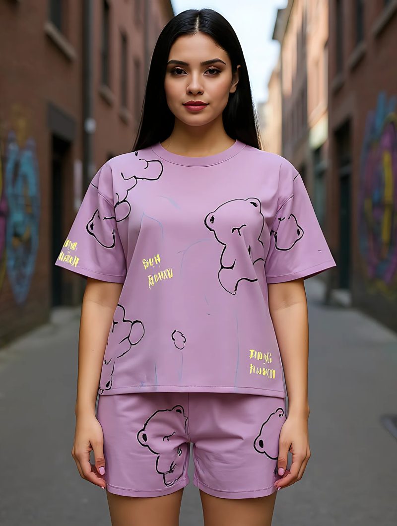 Purple bear Women Summer Printed Short-sleeved T-shirt With Chest Pad + Shorts Combo