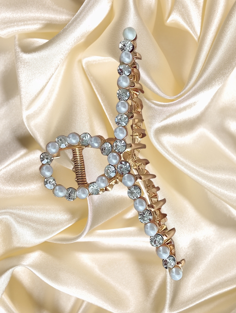 Metal Hair Clip R-type Pearl with Drill Clamp Light Gold