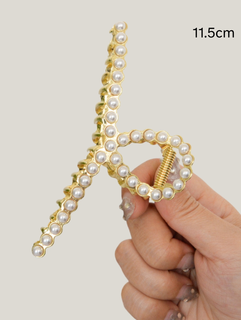 Metal Hair Clip Full Pearl Large Cross Grip Light Gold